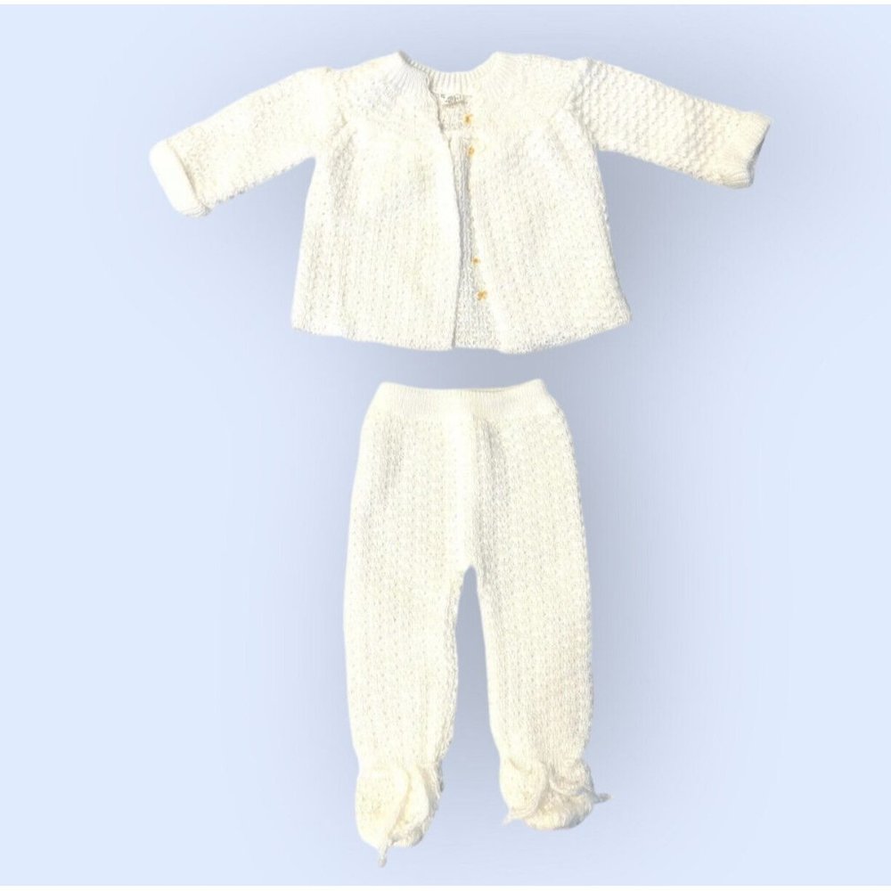 Vtg Italy Knit New Born Baby Layette Ribbon Sweater Pants White Wedding Baptism - Picture 2 of 15